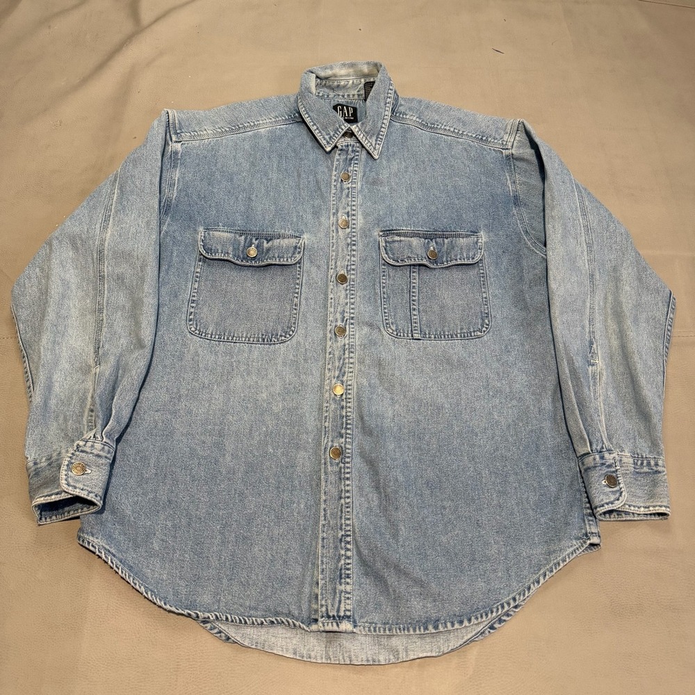 VTG Y2K GAP Denim Men Blue Light Wash Denim Jean Button Work Shirt Skate-M-6361
